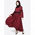 Umbrella abaya with lace work at waist and sleeves- Maroon and Black